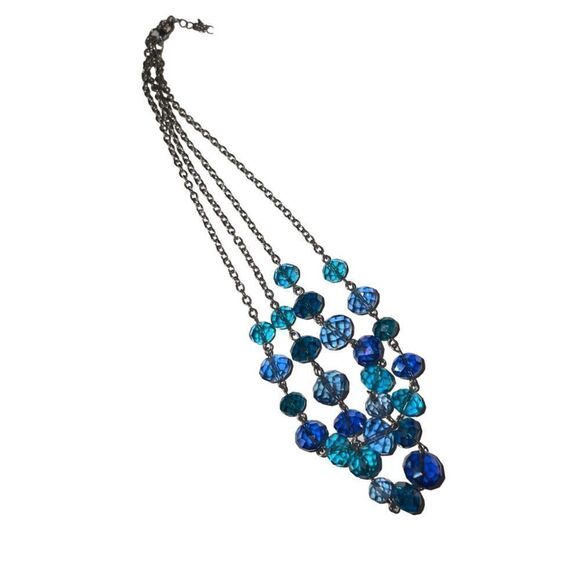 Cobalt & Sky Blue Crystals Double Strand Layer Beaded Women’s Necklace - Picture 5 of 9